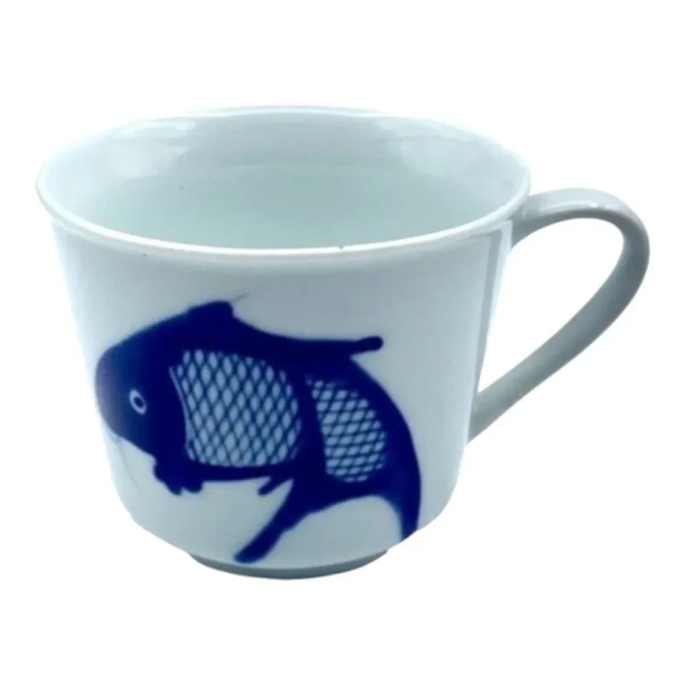 2 Blue & White Koi Fish Carp Tea Cups Mugs Hand Painted Porcelain Vintage